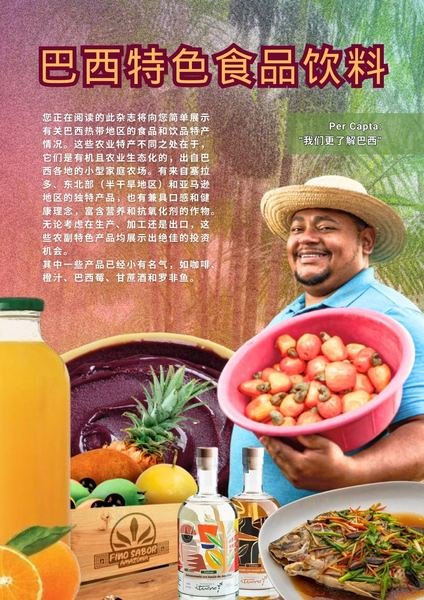 Material promocional em mandarim sobre alimentos e bebidas do Brasil